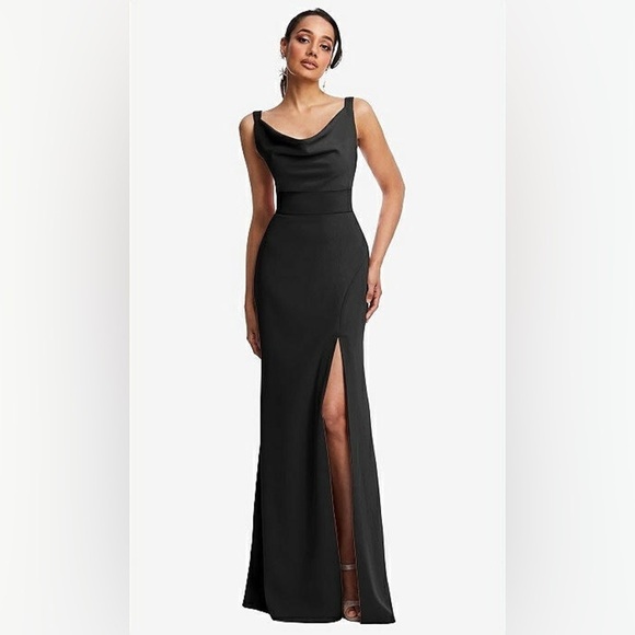 NWT Dessy Collection Black Cowl-Neck Wide Strap Crepe Trumpet Gown Front Slit 2R - Picture 2 of 16